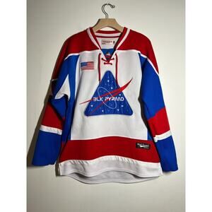 Black Pyramid Mens Classic Hockey Jersey Red Blue White Embroidered NASA Style M